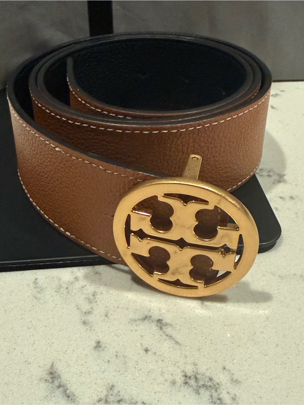Tory Burch Brown Leather Belt with Gold Logo Buckle